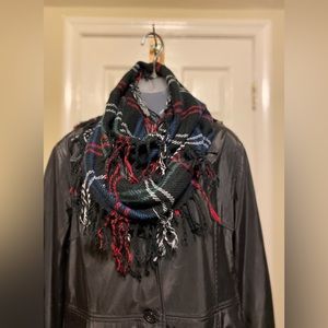 NWOT Cejon - Lovely black/blue/white/green/red eternity scarf w/fringes, 64”x10”